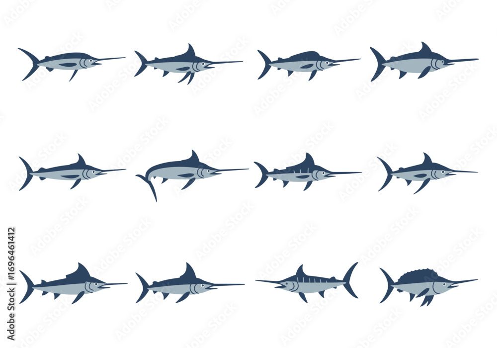 Fototapeta premium Twelve pixelated marlins arranged in a 3x4 grid pattern on a white background