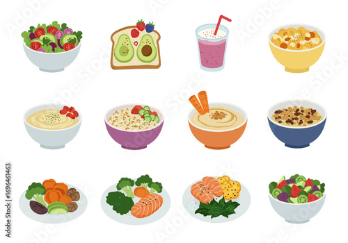 Twelve isolated food illustrations salads sandwiches smoothies cereals bowls and plates
