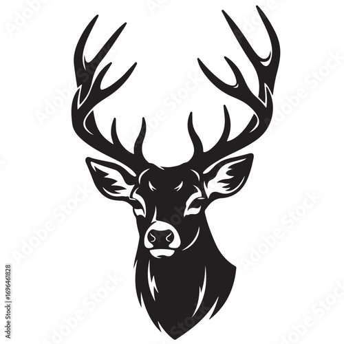 Majestic Deer Head Illustration with Prominent Antlers in Black and White