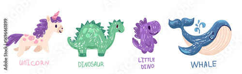 Cute crayon animal set, cute baby animal illustration, kids doodle scribbles with unicorn, dinosaur, whale, dino naive wax crayon art. Vector Cartoon hand drawn childish sketches