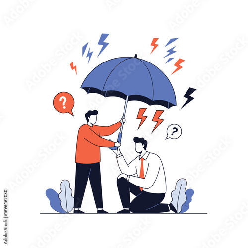 Protecting someone from problems under an umbrella during a storm of troubles