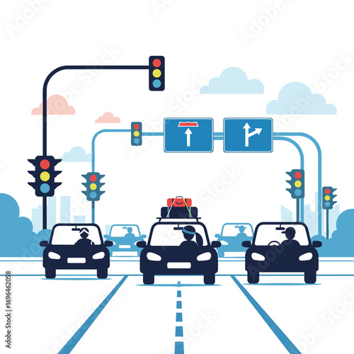 Cars at a busy traffic intersection with traffic lights and road signs