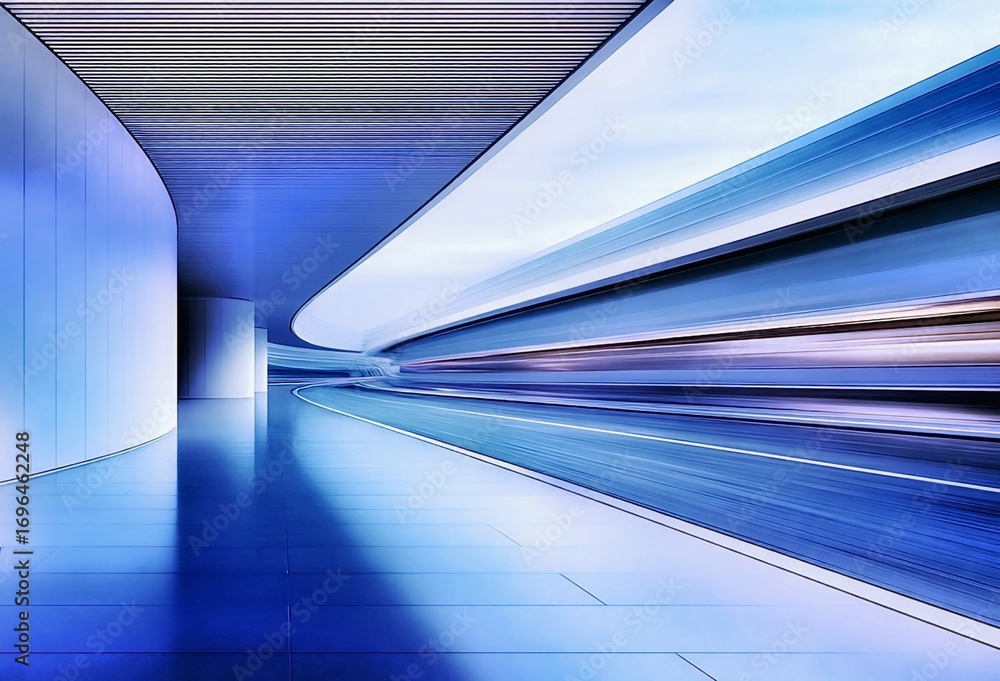 Obraz premium A futuristic blue corridor with curved architecture and motion blur effect, symbolizing speed, innovation, and modern design.