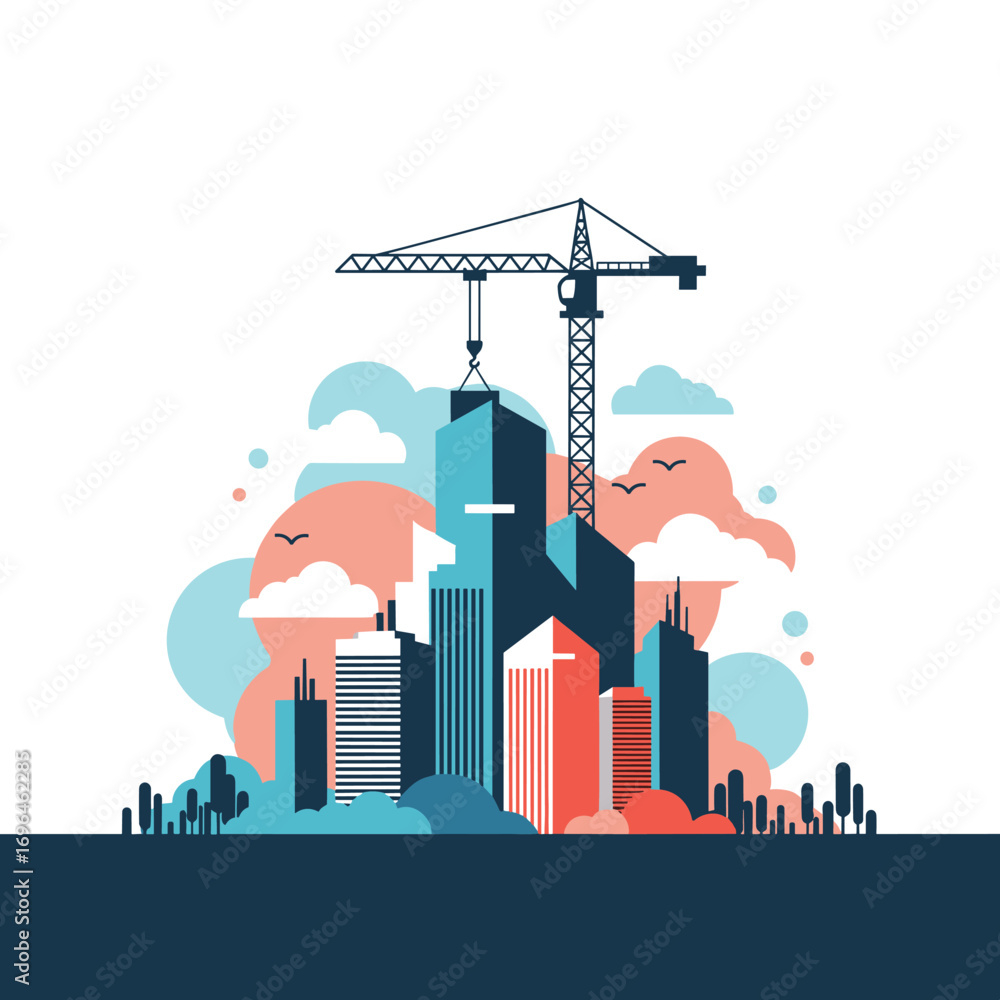 Obraz premium Modern cityscape under construction with crane and buildings