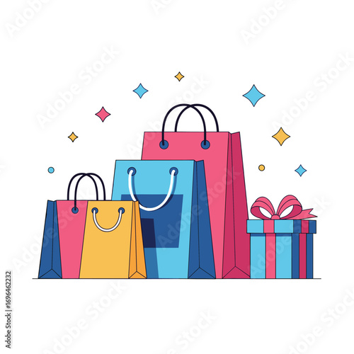 Colorful shopping bags and gift box with confetti decorations for sale