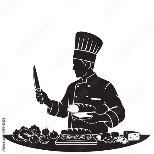 Silhouette of a Male Chef Preparing Food with Knife and Fresh Ingredients