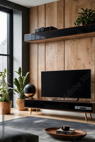 Contemporary living room with smart audio system flat panel tv and minimalist shelves