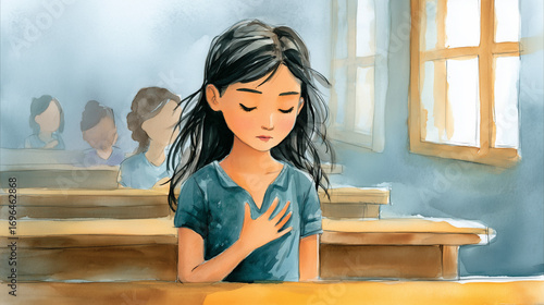 Girl placing hand on heart while sitting at desk in classroom  