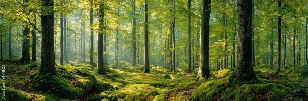 Fototapeta premium A tranquil forest scene featuring tall trees and moss-covered ground bathed in dappled sunlight filtering through the canopy