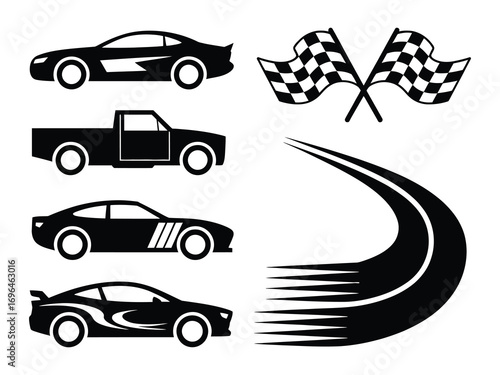 Decals and Stickers – Car and Truck Silhouette Icons, Checkered Flag, Motorsport Design Elements, Speed Lines, Vinyl Wrap Graphics, Racing Stickers, Automotive Illustration, Creative Vector Set