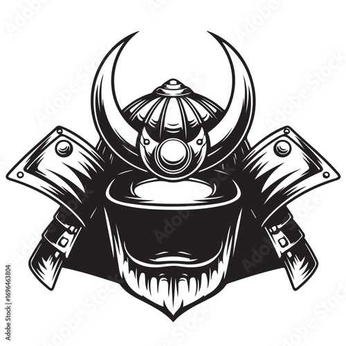 Stylized Black and White Japanese Samurai Helmet Illustration