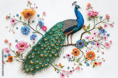 Digital 3D artwork of a peacock with floral elements for wall decoration