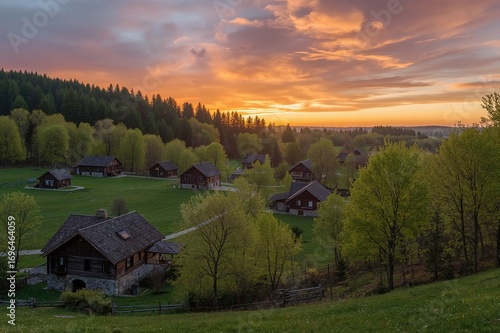 Sunset over rustic wooden h...