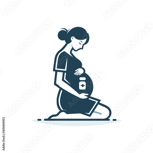 Pregnant woman holding medicine bottle, serene moment