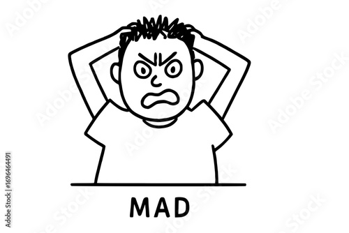 Angry cartoon person pulling hair in frustration, black line art illustration
