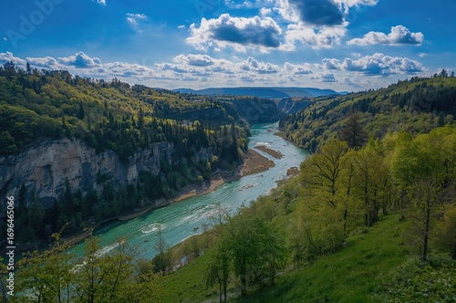 Fototapeta Naklejka Na Ścianę i Meble -  Aerial perspective of a mountain landscape by a river during summer