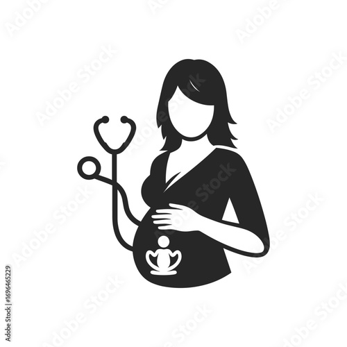 Pregnant woman with stethoscope in a medical setting