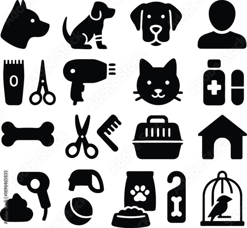 Comprehensive pet care and veterinary icon set for animal services branding and design