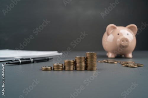 Coins stacked beside a pigg...
