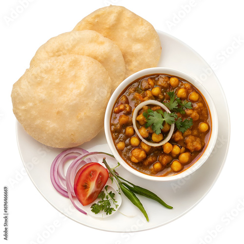 Traditional Indian Chole Bhature on White Plate Top View Isolated