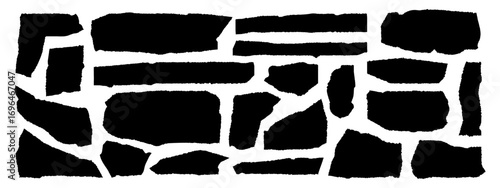 Set of torn black paper pieces, text box different shapes for scrapbooking and collage