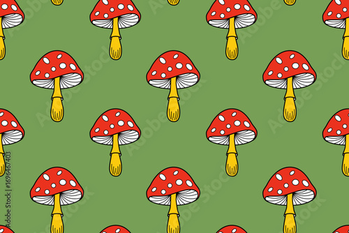 Seamless pattern with cute red mushrooms from fall forest. Hand drawn autumn background with amanita, fungi with yellow cap with white dots. Magic woodland pattern with mushrooms, vector illustration