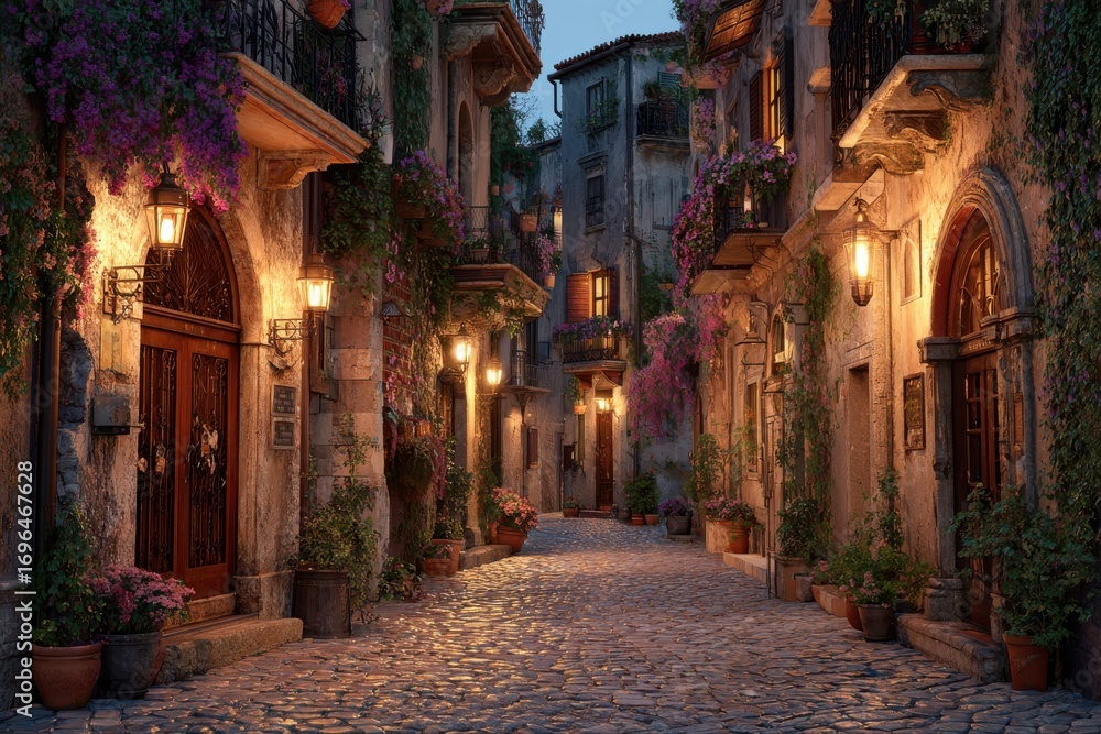 Fototapeta premium Picturesque street illuminated by lanterns and flowers