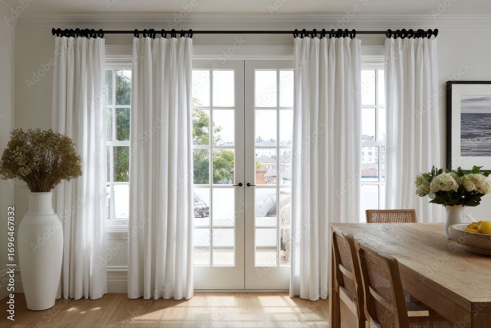 Fototapeta premium Stylish dining area with elegant curtains and bright ambiance