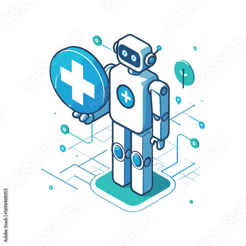 Friendly robot holding a medical shield in a tech scene