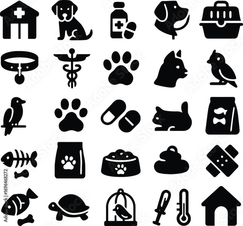 Pet care veterinary icons set dog cat bird fish tortoise medicine hospital pet accessories