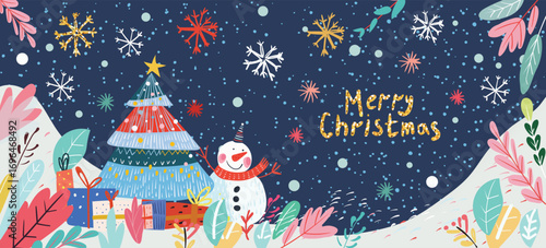 Christmas tree with decorations, gift boxes and snowman under snowfall with snowflakes and handwritten Merry Christmas text. Cartoon illustration banner. Winter holiday and Christmas celebration