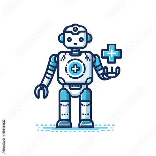Friendly robot holding a medical cross symbol
