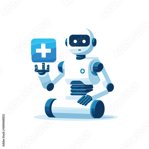 Friendly robot holding a medical symbol icon