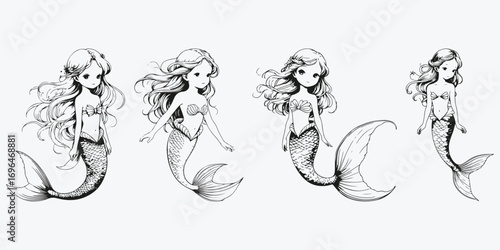 merchild girl with fish tail sketch illustration vector set