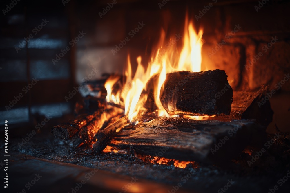 Fototapeta premium Burning Fireplace with Flames and Glowing Embers, Cozy Warmth.