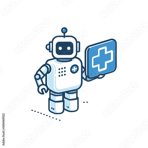 Robot holding a medical sign in a clean setting
