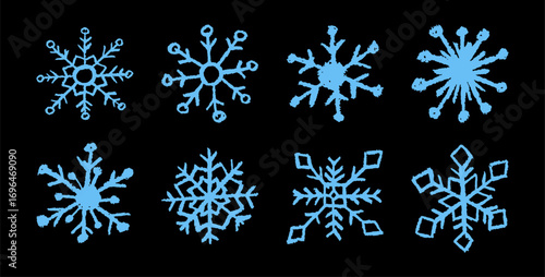 Christmas snowflake set with wax, white crayon or charcoal texture. Quirky chalkboard style, perfect for kindergarten Xmas crafts, cards and holiday designs. Vector illustration drawn as if by a child