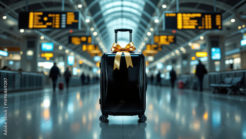 Naklejka premium Airport suitcase with gold ribbon travel lifestyle scene in black and gold palette representing gift trip, premium travel and holiday journey with copy space on blurred terminal background