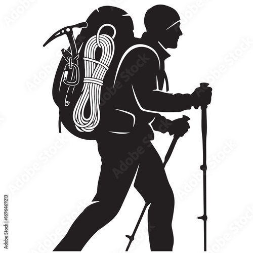 Black Silhouette of an Adventurer with Backpack, Climbing Gear, and Trekking Poles