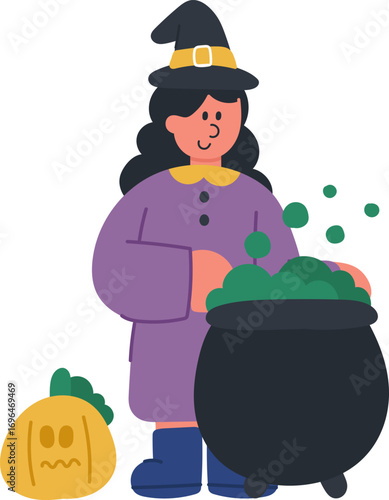 A cute cartoon illustration of a witch character. Halloween and fantasy concept.