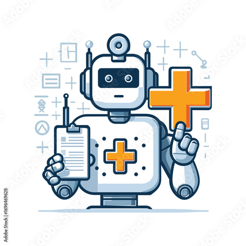 Friendly healthcare robot holding a clipboard in clinic