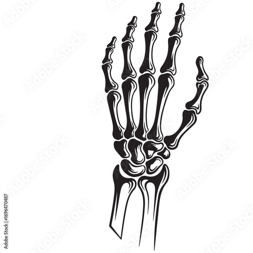 Stylized Black and White Illustration of a Human Skeleton Hand and Forearm