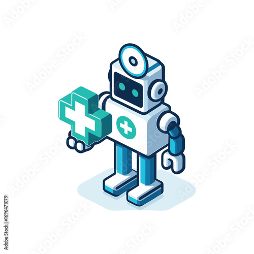 Friendly healthcare robot holding a medical symbol icon