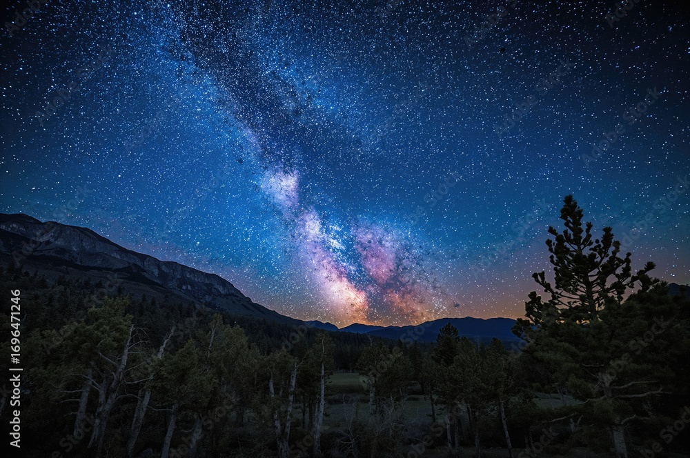 Fototapeta premium Sleeping Beneath the Milky Way Among Ancient Pine Trees