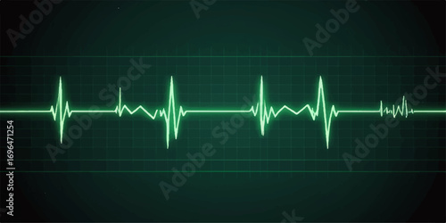 Green heart pulse line on a medical monitor showing a healthy life electrocardiogram