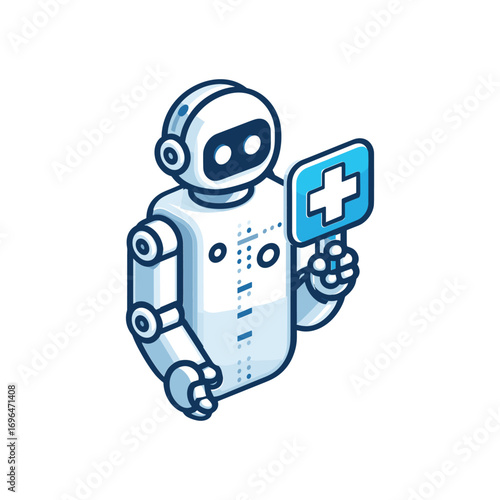 Robot holding a medical sign in a futuristic setting