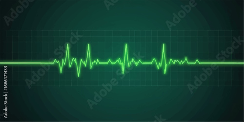 A medical cardiogram displays the rhythmic pulse of a green heartbeat line on an EKG monitor, illustrating a graphic representation of health