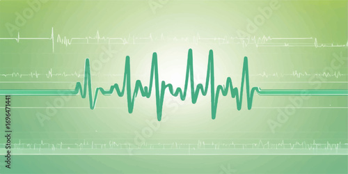 Abstract vector illustration of a green EKG cardiogram pulse wave on a dark medical background