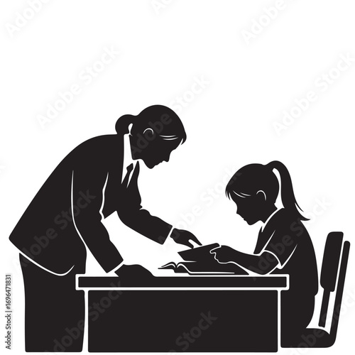 Teacher Helping Student at Desk Silhouette Illustration
