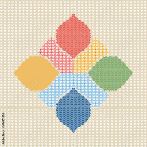 Colorful Knitted Floral Design on Beige Knitted Background